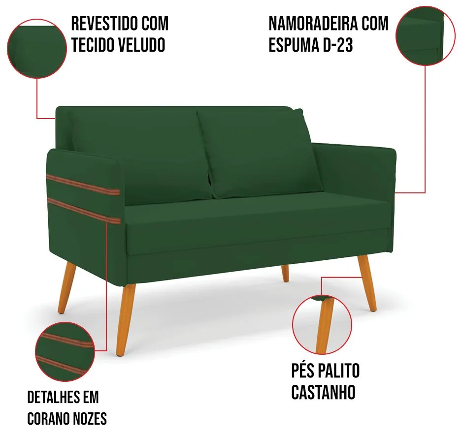 Kit 01 Namoradeira 02 Lugares e 02 Poltronas Mari Veludo Base de Madeira MA30 - D'Rossi - Verde
