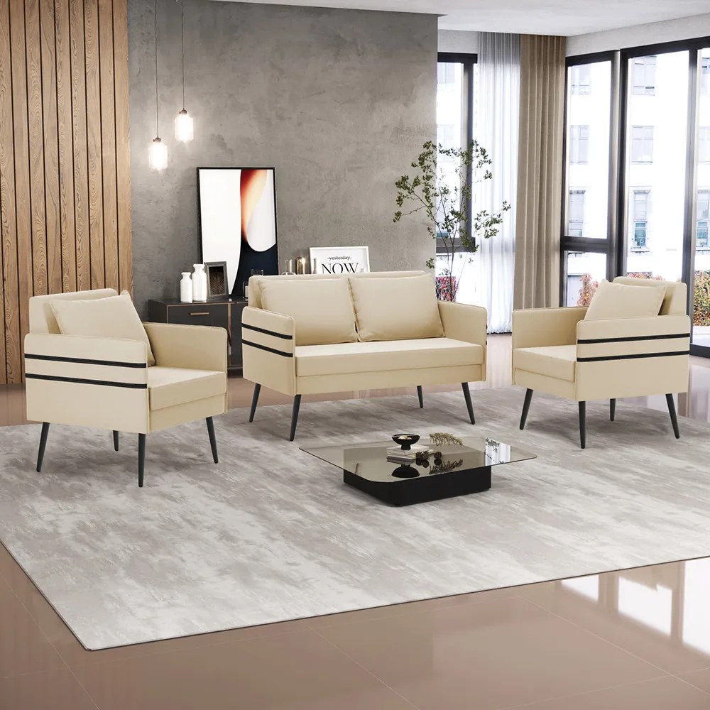 Kit 01 Namoradeira 02 Lugares e 02 Poltronas Mari Suede Bege Pés Palito de Ferro