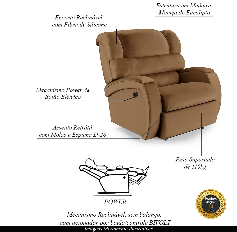 Poltrona do Papai Reclinável Napoli Power Elétrica PU FH1 - D'Rossi - Caramelo