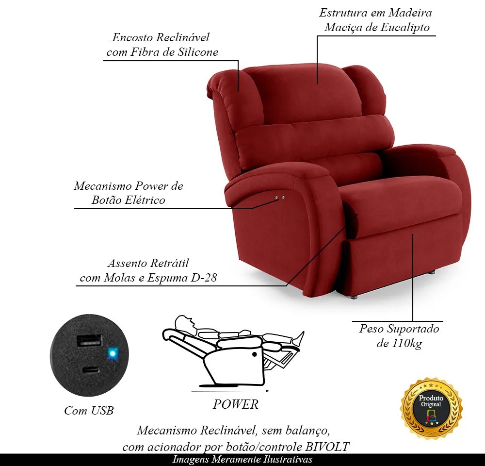 Poltrona do Papai Sala de Cinema Reclinável Kylie Power Touch USB Veludo Vermelho G23
