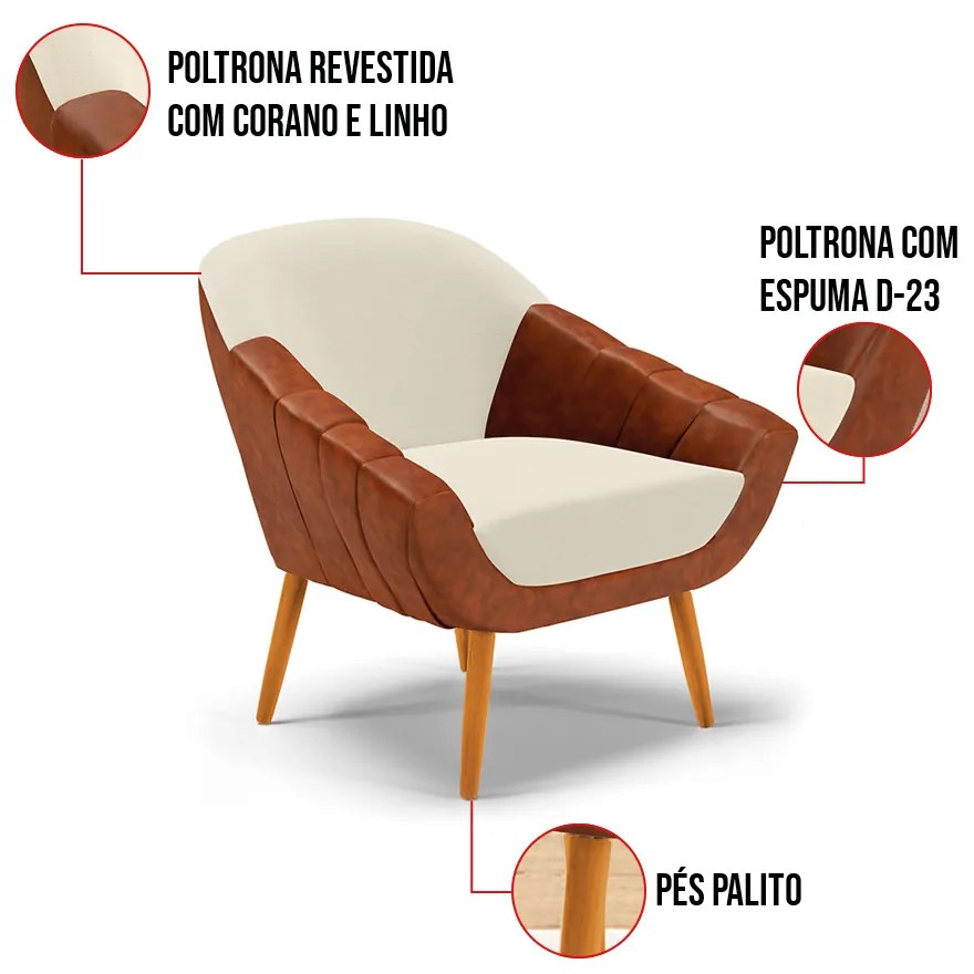 Poltrona Giovana Corano Nozes com Linho Grosso Bege A19 Pés Palito Castanho D03 - D'Rossi