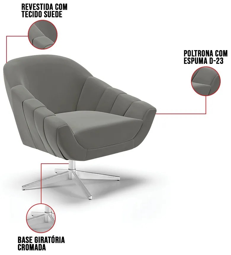 Poltrona Giratória Giovana Suede Base Cromada D03 - D'Rossi - Grafite
