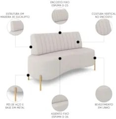 Sofá 2 Lugares 135cm Pés Aço Dourado Tamar Linho Bege Z08 - Mpozenat