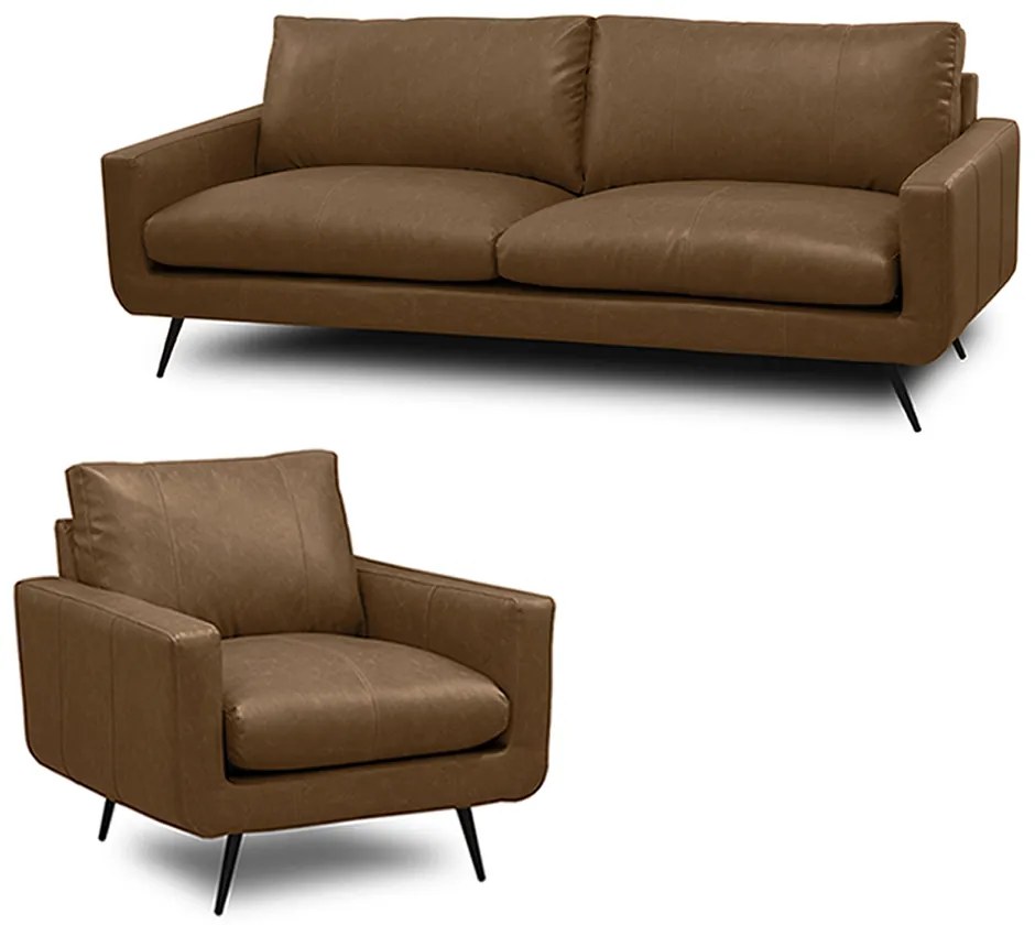 Conjunto Sala de Estar Decorativo Paloma 1 Sofá 3 Lugares 223cm 1 Poltrona Pés em Aço Couro Marrom Claro Manchado G88 - Gran Belo