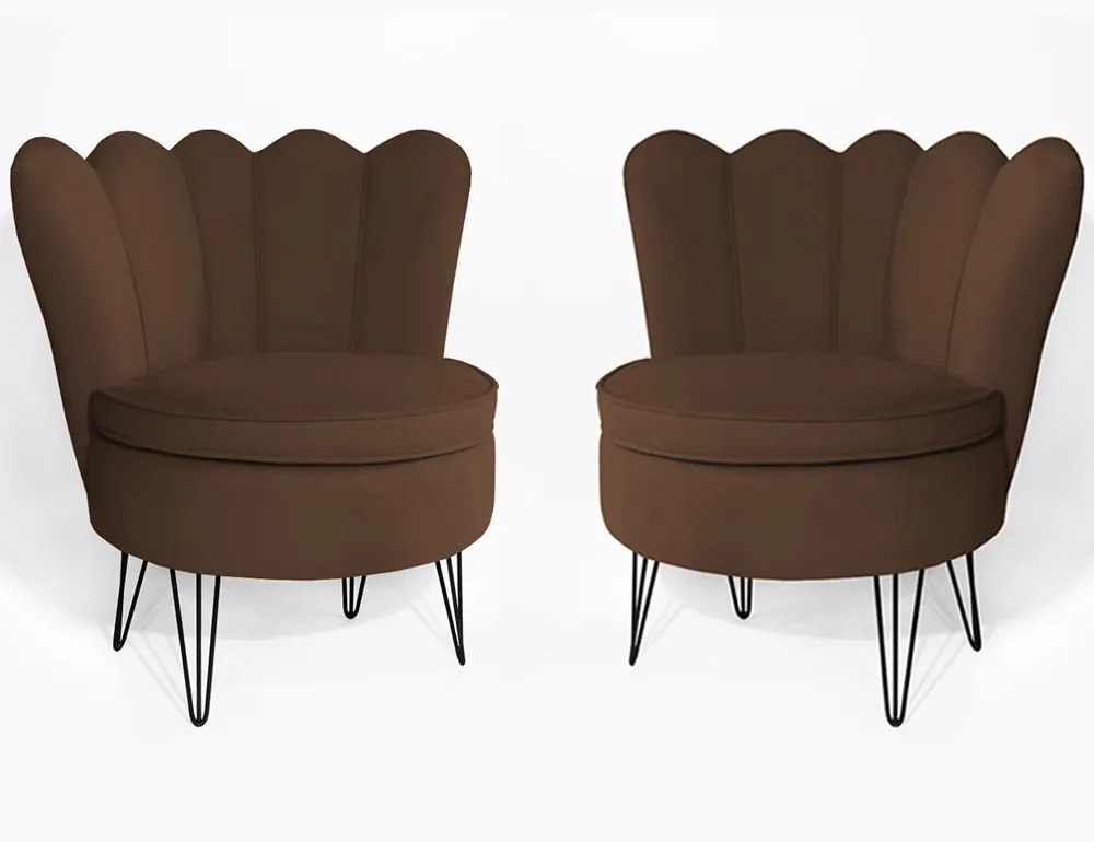 Conjunto 2 Poltrona Dália Pés Hairpin Legs Preto Veludo Marrom
