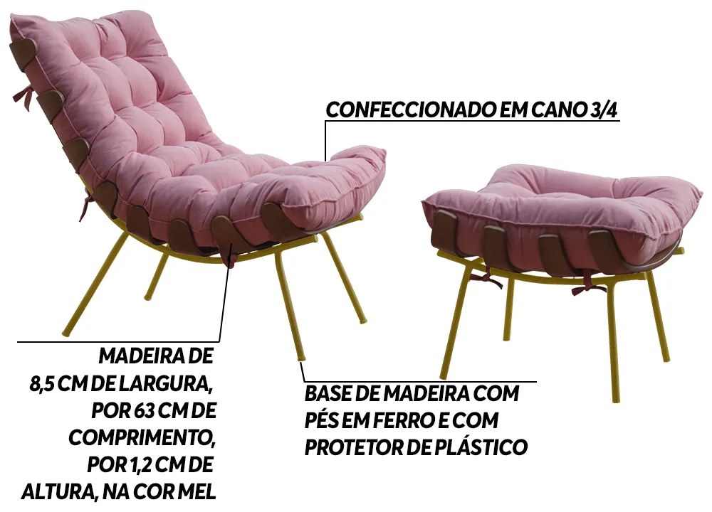 Conjunto Decorativo Poltrona e Puff Abel Base de Madeira Dourada Suede Rosa G41 - Gran Belo