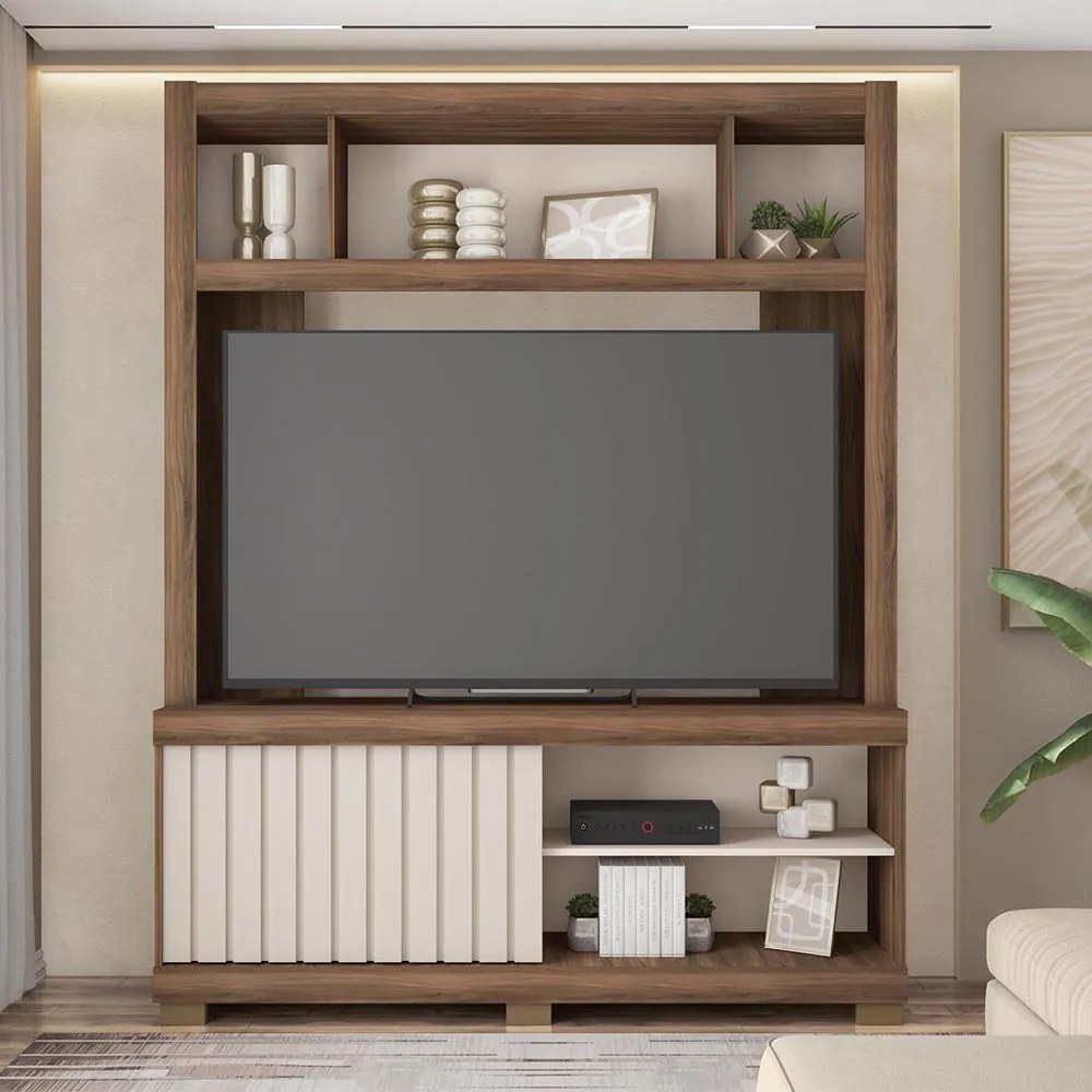 Estante TV 60 Pol 160cm Sala de Estar Ravik C01 - D'Rossi - Nogueira/Off White