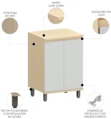 Balcão de Cozinha Tampo 60cm 2 Portas Pierre Carvalho/Cinza L01 - Mpoz