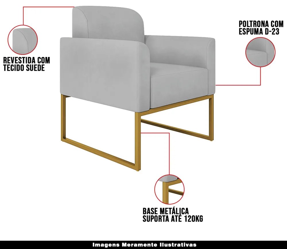 Kit 2 Poltronas Decorativas Isabella Base Industrial Suede Cinza/Dourado G19