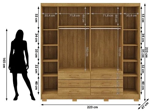 Guarda Roupa Com Espelho Canadá 6 Portas e 6 Gavetas Nature/Brisa - Vila Rica Móveis