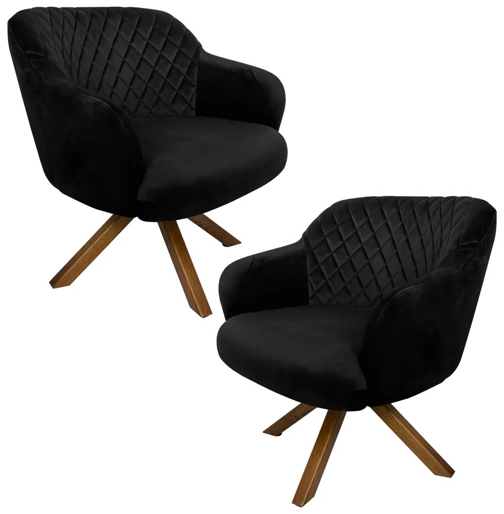 Kit 2 Poltronas Decorativas Kitana Pés Madeira Giratório Veludo Preto G15 - Gran Belo