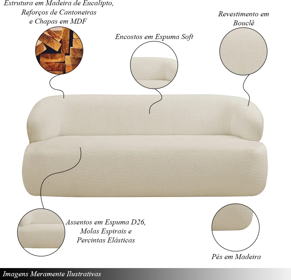 Conjunto Sala de Estar Decorativo Charlote 1 Poltrona Namoradeira 150cm 1 Poltrona Base Giratória em Aço com Puff Bouclê Bege G88 - Gran Belo