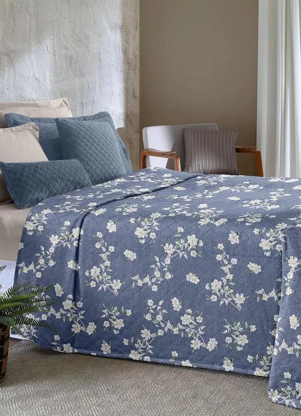 Colcha Floral Azul Casal 1 Peça