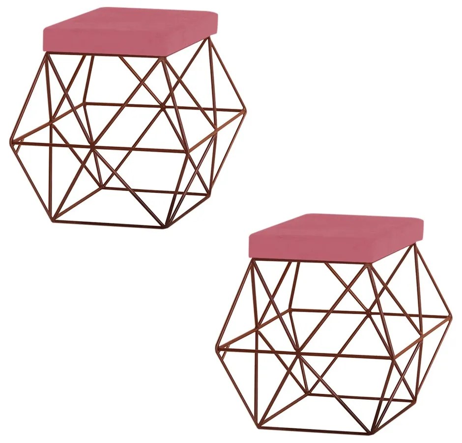 Kit 2 Puffs Decorativo Sala de Estar Base Bronze Trixie Suede Rosa G41 - Gran Belo