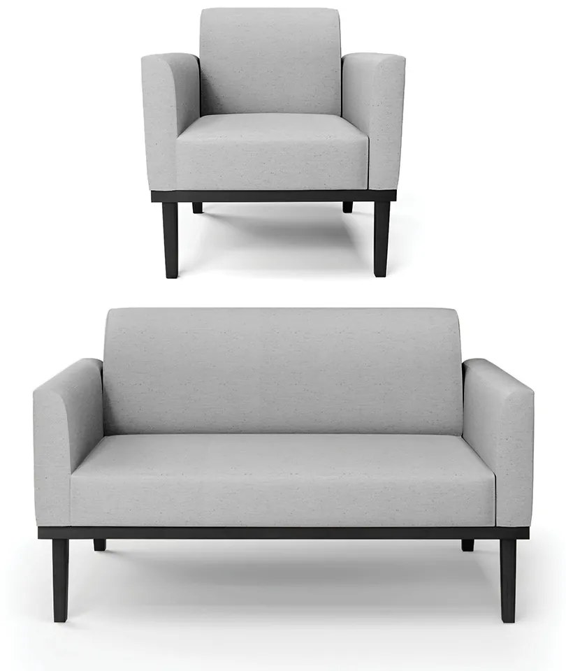 Conjunto Poltrona e Namoradeira Decorativa Isabella Pés Fixo em Madeira Preto Linho Cinza G19 - Gran Belo