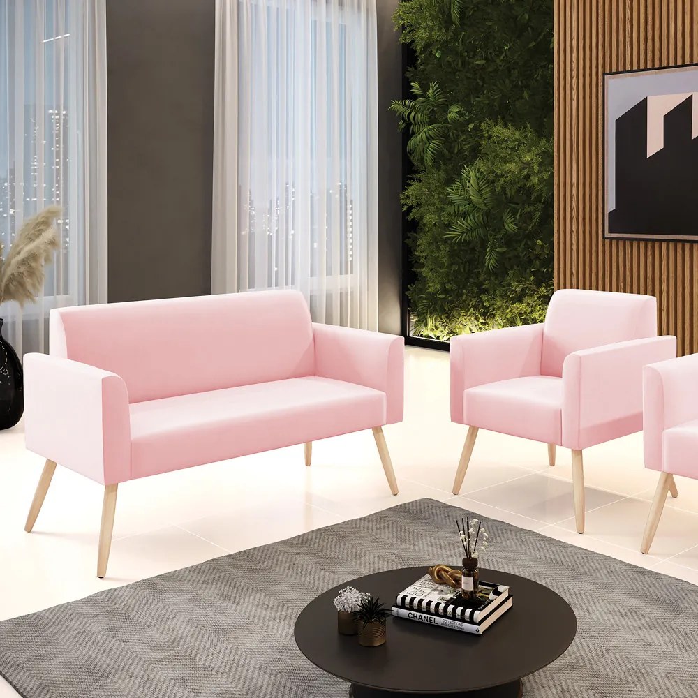 Sofá Namoradeira com Poltrona Pés Palito Natural Marisa Suede Rosa Bebê D03 - DRossi