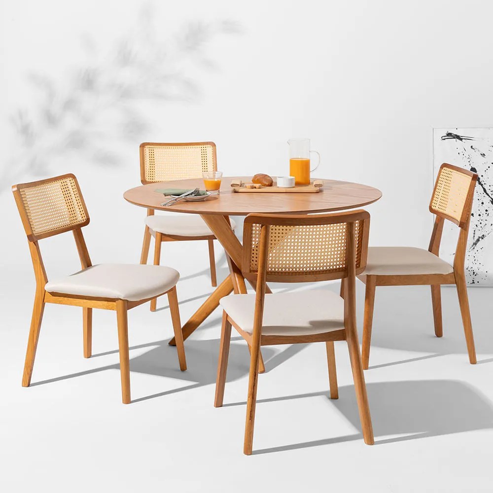 Conjunto Mesa de Jantar Thai Redonda Carvalho Americano - 1,20m + 4 Cadeiras Lalá Encosto Palha Natural Plot - Cru