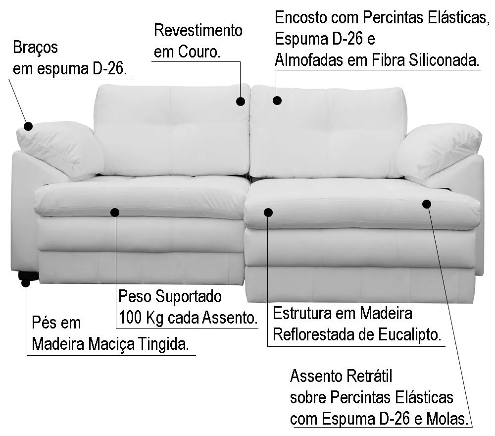Sofá Retrátil 2 Lugares Bipartido Sala de Estar Piece 175cm Couro Branco - Gran Belo