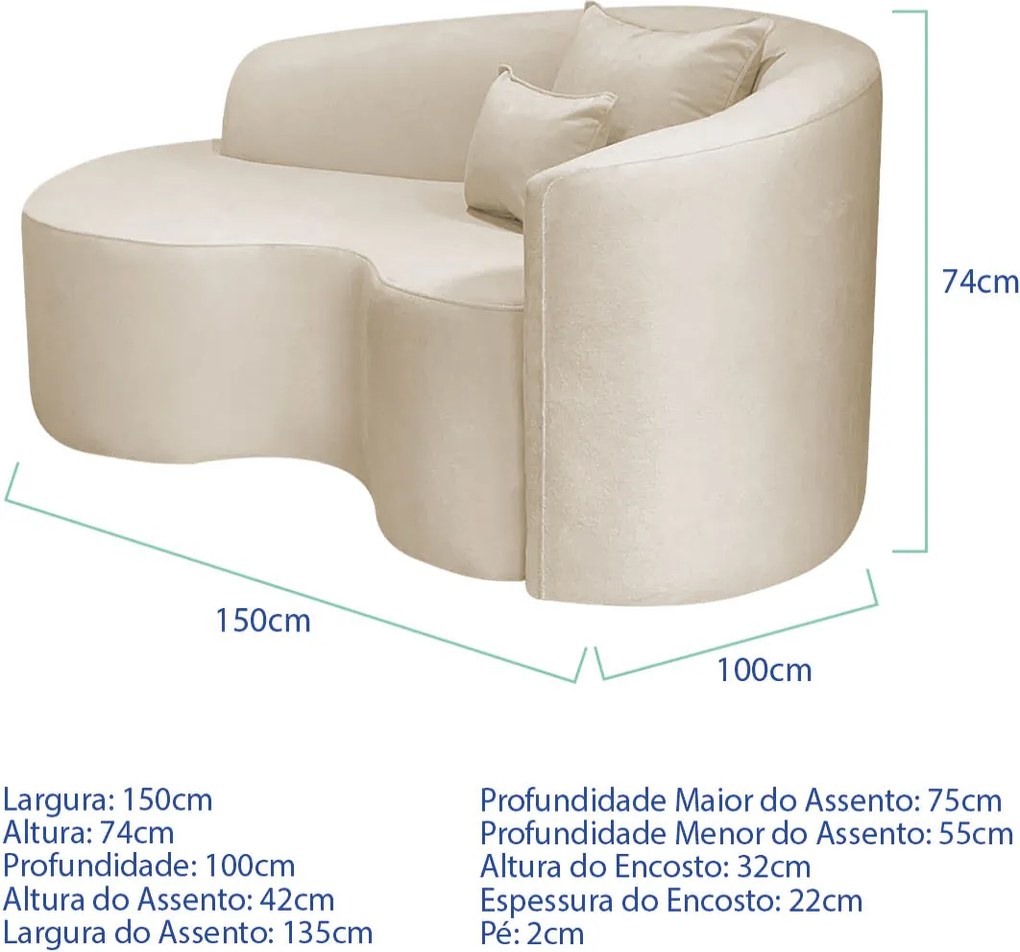 Kit Recamier Curvo Sala de Estar Inglaterra 150cm Lado Esquerdo e 2 Poltronas Orgânica Luxo Luiza Max Bouclé