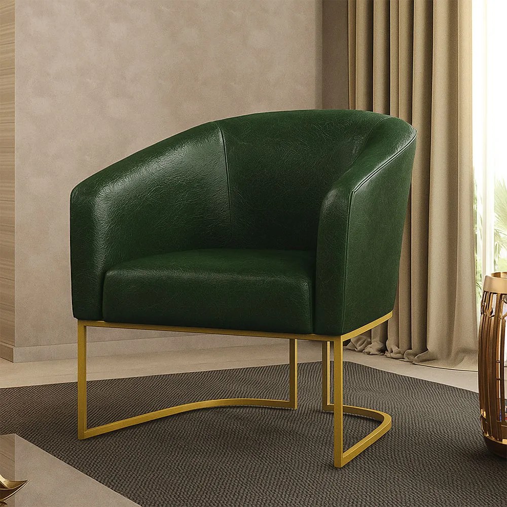 Poltrona Decorativa Industrial Dourado Stella Sintético PU Verde D03 - D'Rossi