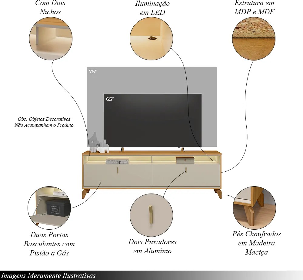 Rack Bancada Duarte com LED Pés em Madeira 182cm TV Até 60 Polegadas Tauari/OffWhite  G77 - Gran Belo