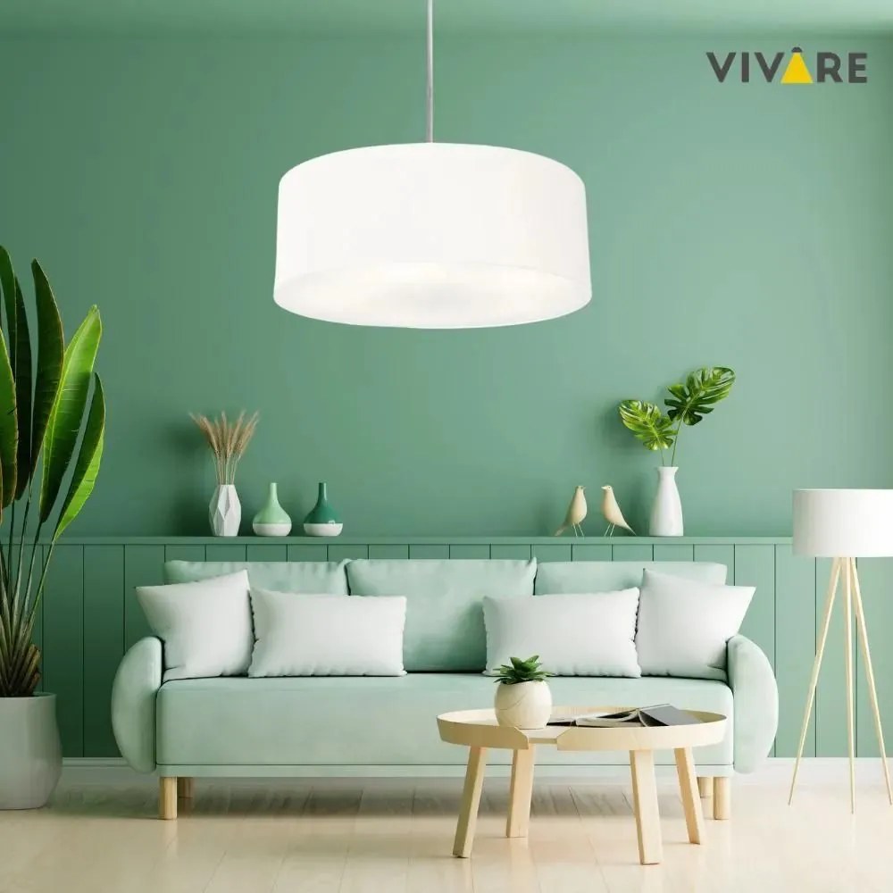 Lustre Pendente Cilíndrico Md-4079 Cúpula em Tecido 60x21cm Branco - Bivolt