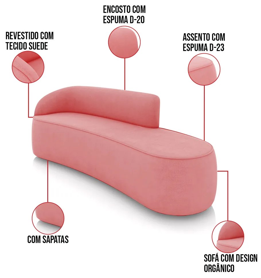 Sofá 4 Lugares Orgânico 220cm Morgan e 2 Poltronas Lua Suede Rosê D03 - D'Rossi