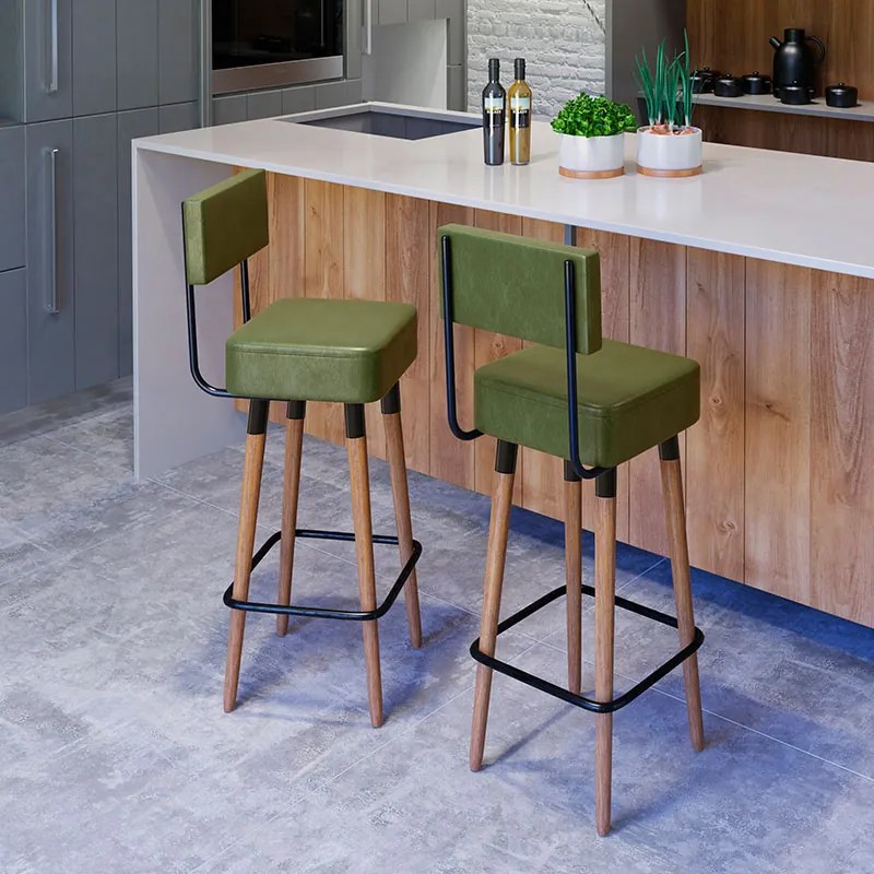 Banqueta Barcelona Pés Palito de Madeira Corano Verde - Sheep Estofados - Verde