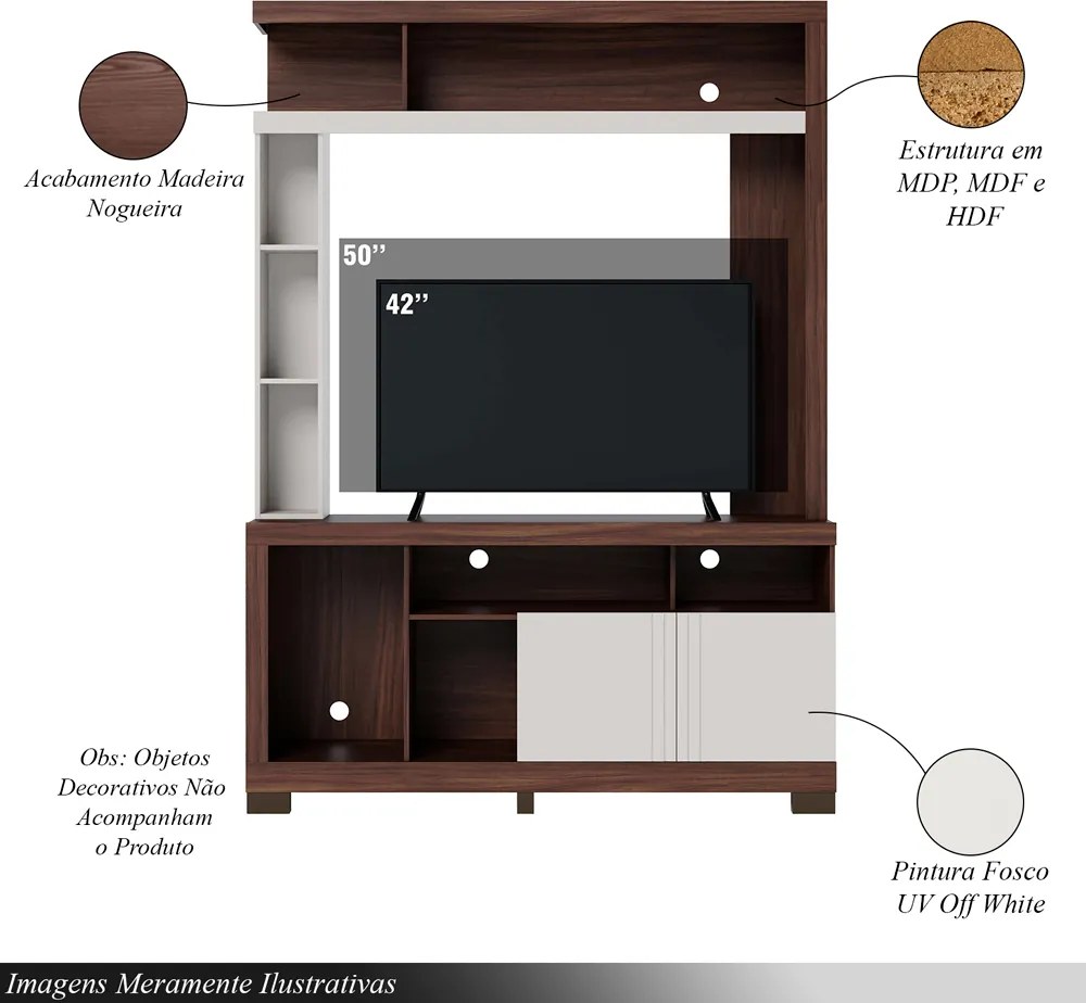 Home Estante para TV até 50 2 Portas MDP/MDF 190cm Nichos Laterais Brogy Nogueira/Off White G73 - Gran Belo