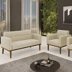 Sofá Namoradeira e 1 Poltrona Base Madeira Castanho Ana Suede Bege - I
