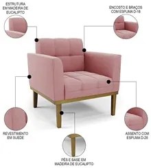 Poltrona Base Madeira Castanho Kit 2 Ana Suede Rosê - Ibiza
