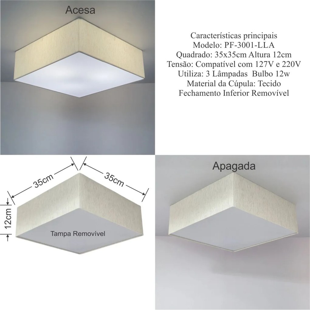 Plafon Quadrado Md-3001 Cúpula em Tecido 35x35x12cm Linho Bege - Bivolt