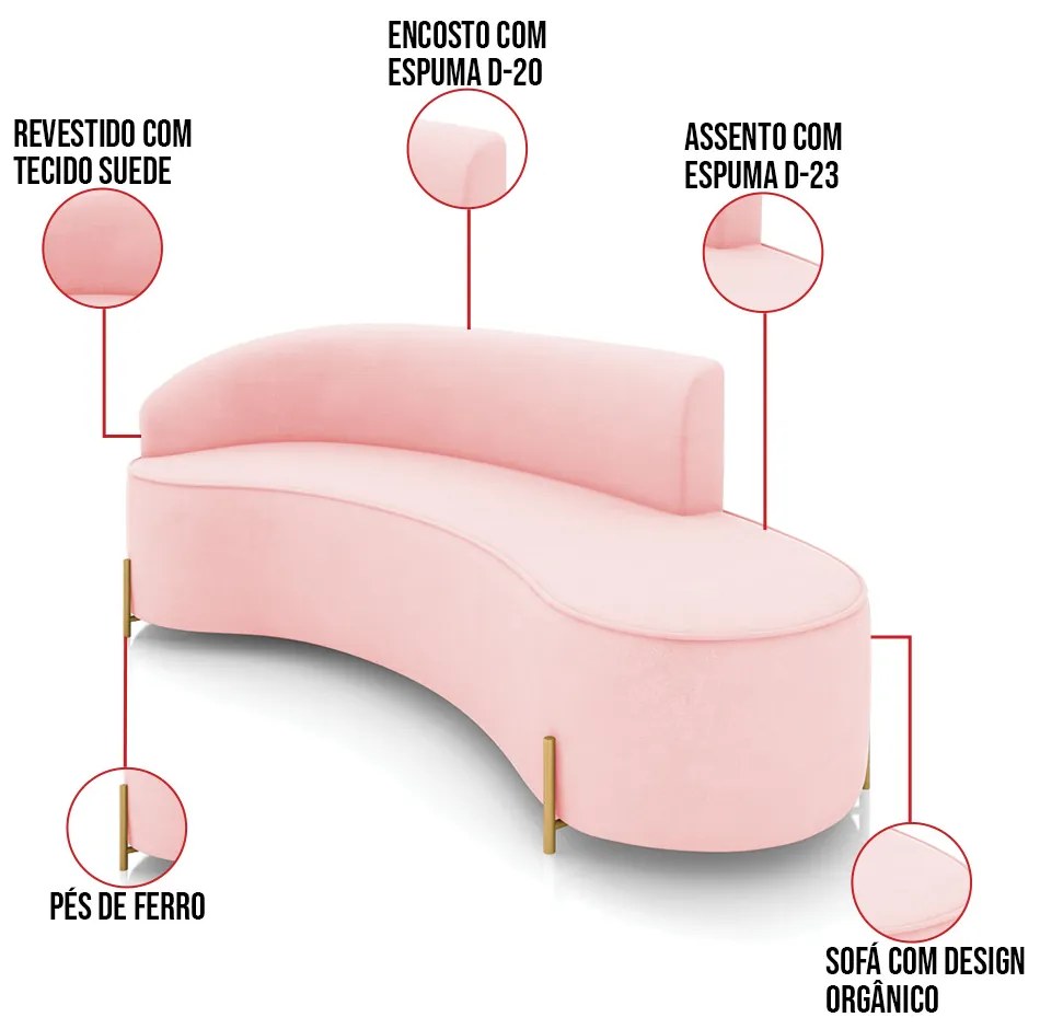 Sofá 4 Lugares Orgânico 220cm Pé Dourado Morgan Suede D03 - D'Rossi - Rosa Bebê