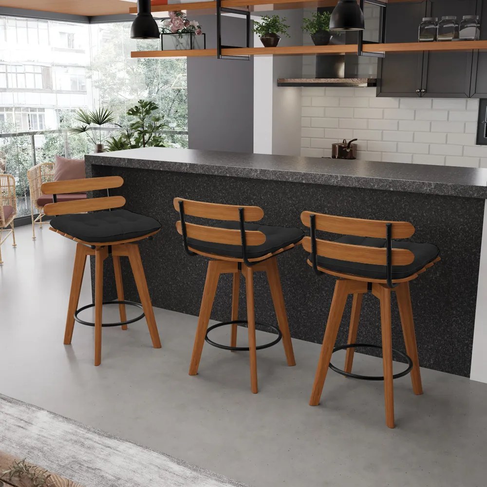 kit 02 Banquetas Giratória Costela Veludo Preto Base Madeira MA70 - DRossi