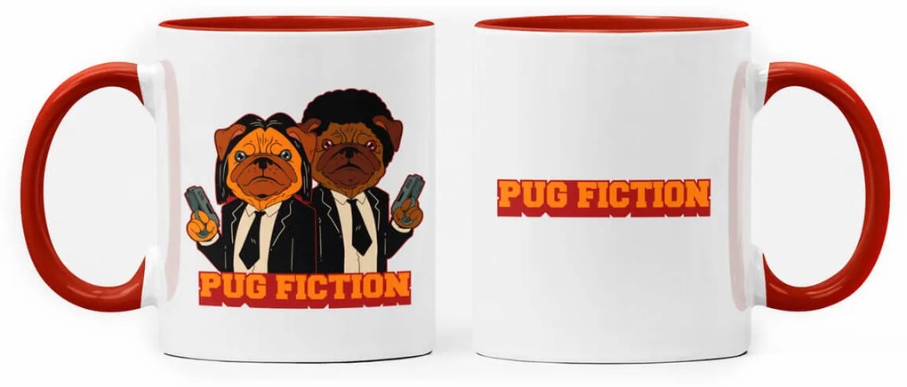 Caneca Pug Fiction Dog Cachorro Geek Nerd Branca com Alça Marrom