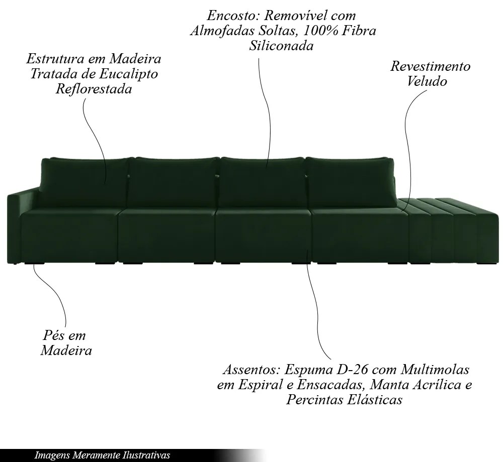 Sofá Ilha Modulado Milos 432cm Puff Lateral Veludo Verde G33 - Gran Belo