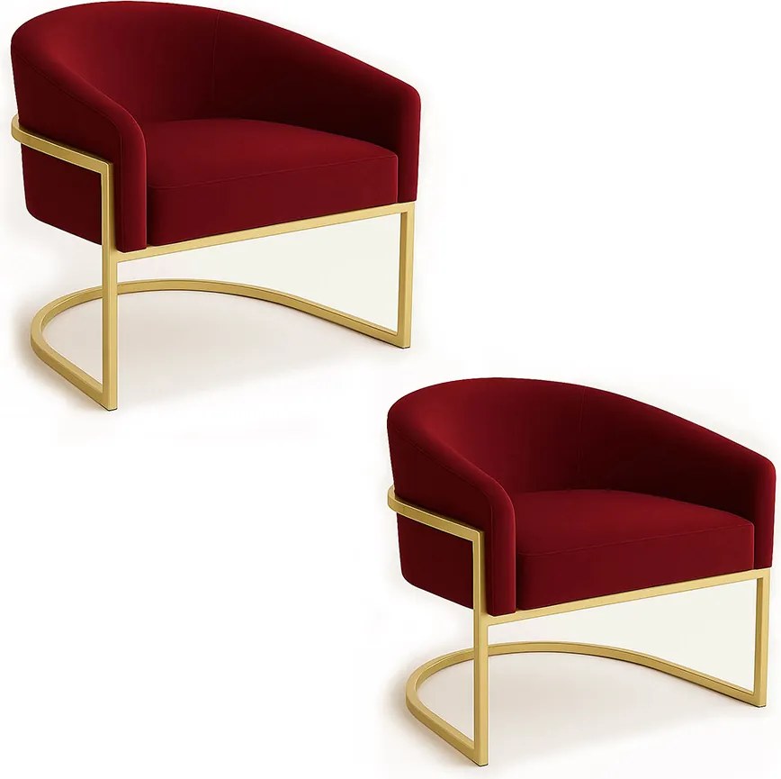 Poltrona Sala Decorativa Industrial Dourada Kit 2 Arielle Veludo Marsala