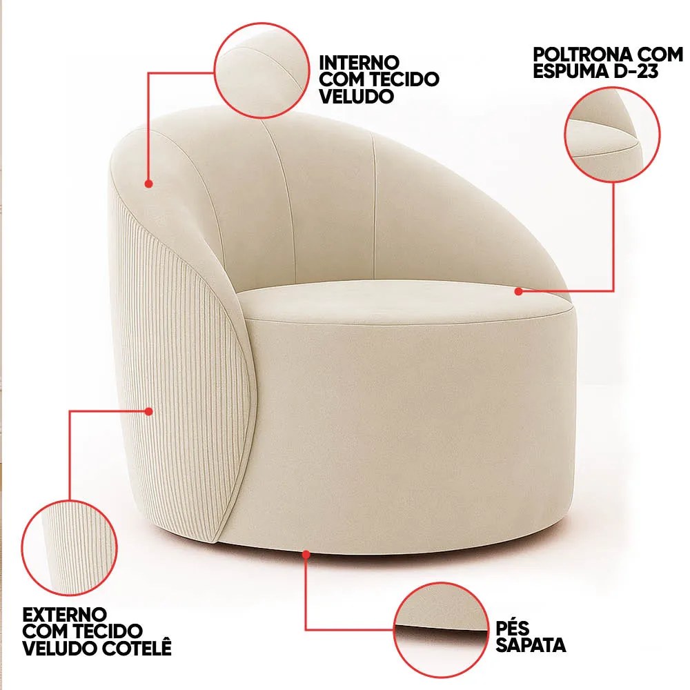 Poltrona Decorativa Orgânica Lua Cotelê/Veludo D03 - D'Rossi - Bege