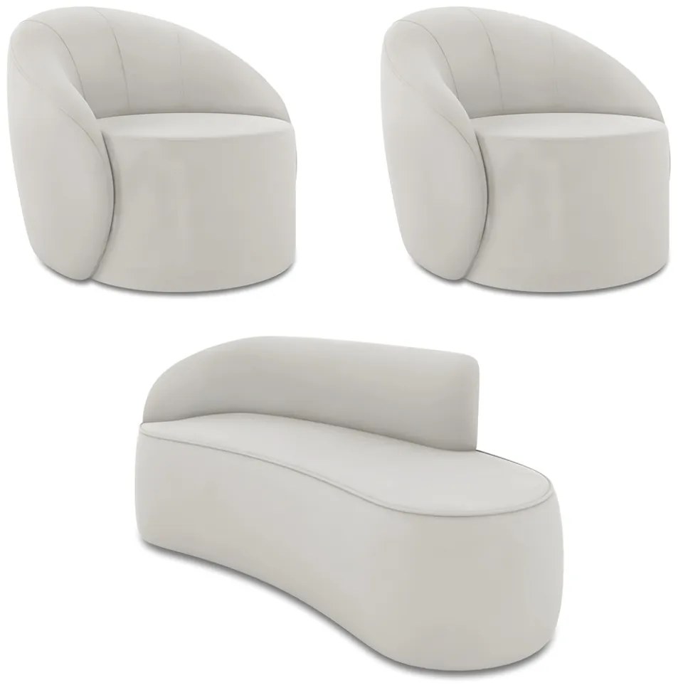 Sofá 3 Lugares Orgânico 180cm Morgan e 2 Poltronas Lua Veludo Cinza D03 - D'Rossi