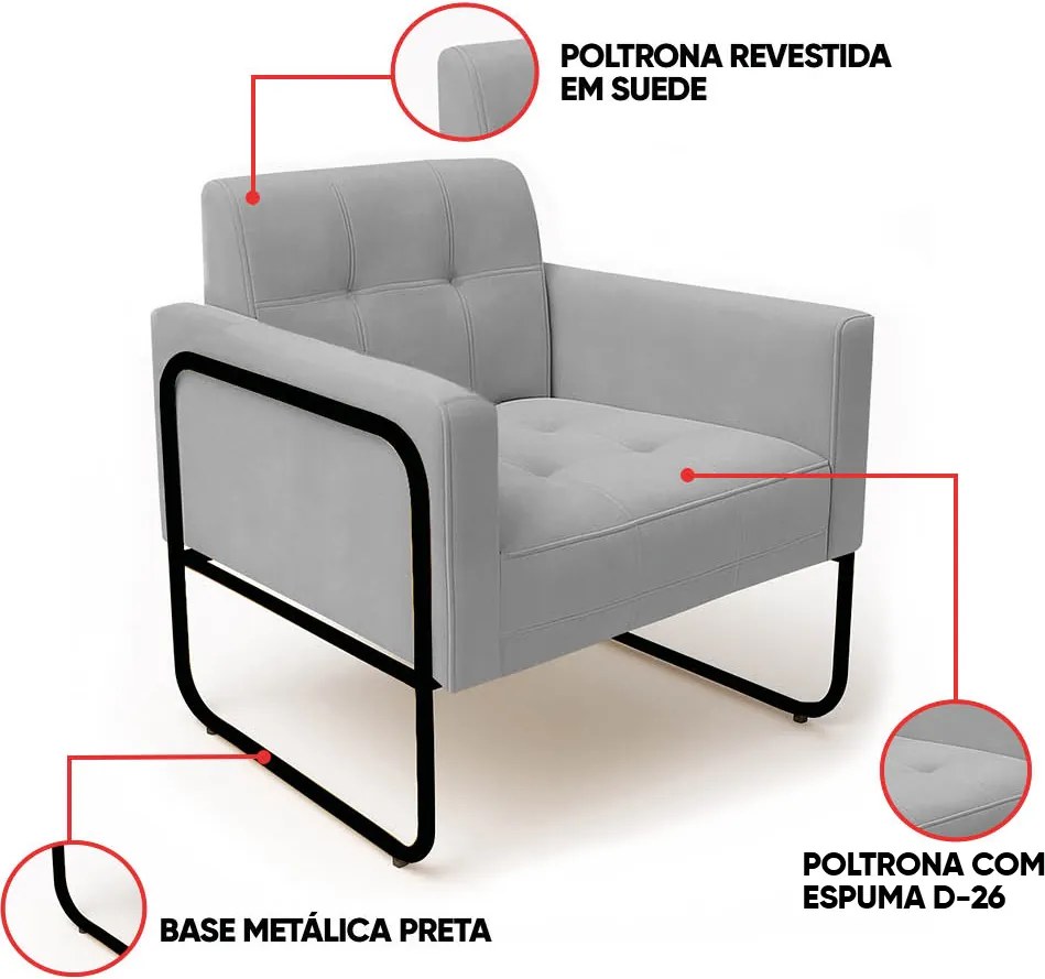 Poltrona Sala Industrial Alta Tubo Preto Kit 2 Elisa Suede D03 - D'Rossi - Cinza
