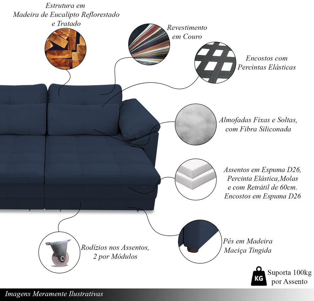 Sofá Retrátil Manual Sala de Estar Nolan Bipartido 379cm Conforto Premium em Couro Azul Marinho G58 - Gran Belo