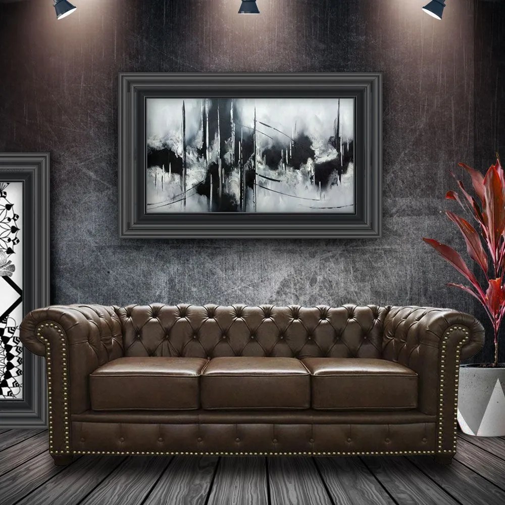 Sofá 3 Lugares Sala de Estar 235cm Chesterfield Pés Madeira Couro Marrom G40 - Gran Belo