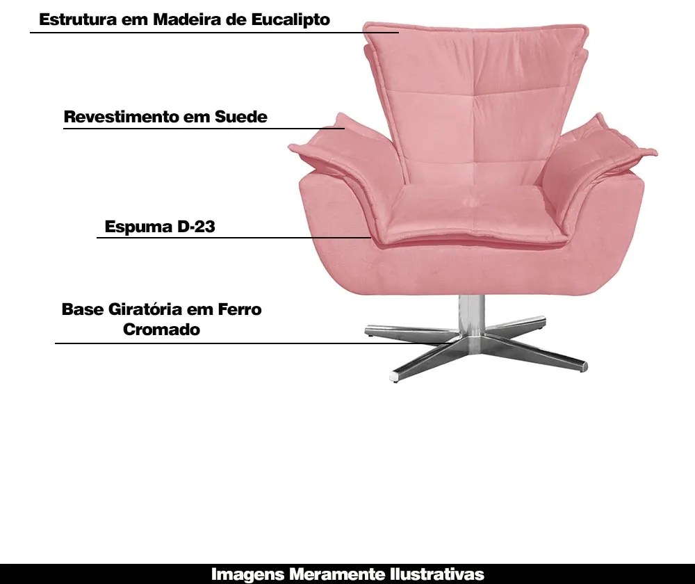 Kit 2 Poltronas Decorativas Base Giratória Cromada Charger Suede Rosê G19 - Gran Belo