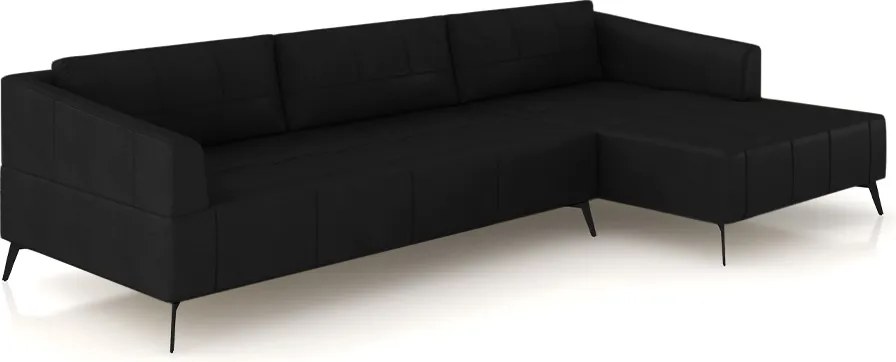 Sofá Bipartido Sala de Estar Kiara 352cm Chaise Direito Pés de Ferro Couro Preto G52 - Gran Belo
