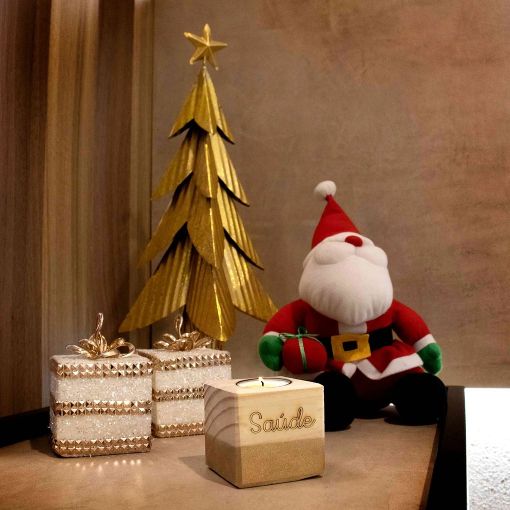 Porta Vela Quadrado Natal Saúde Madeira e Dourado 7 cm - D'Rossi