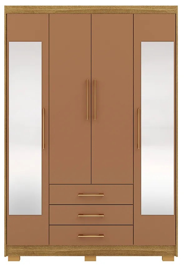 Guarda Roupa Solteiro Linna 150cm 4 Portas de Bater 2 com Espelhos 3 Gavetas Nature/Terracota G98 - Gran Belo