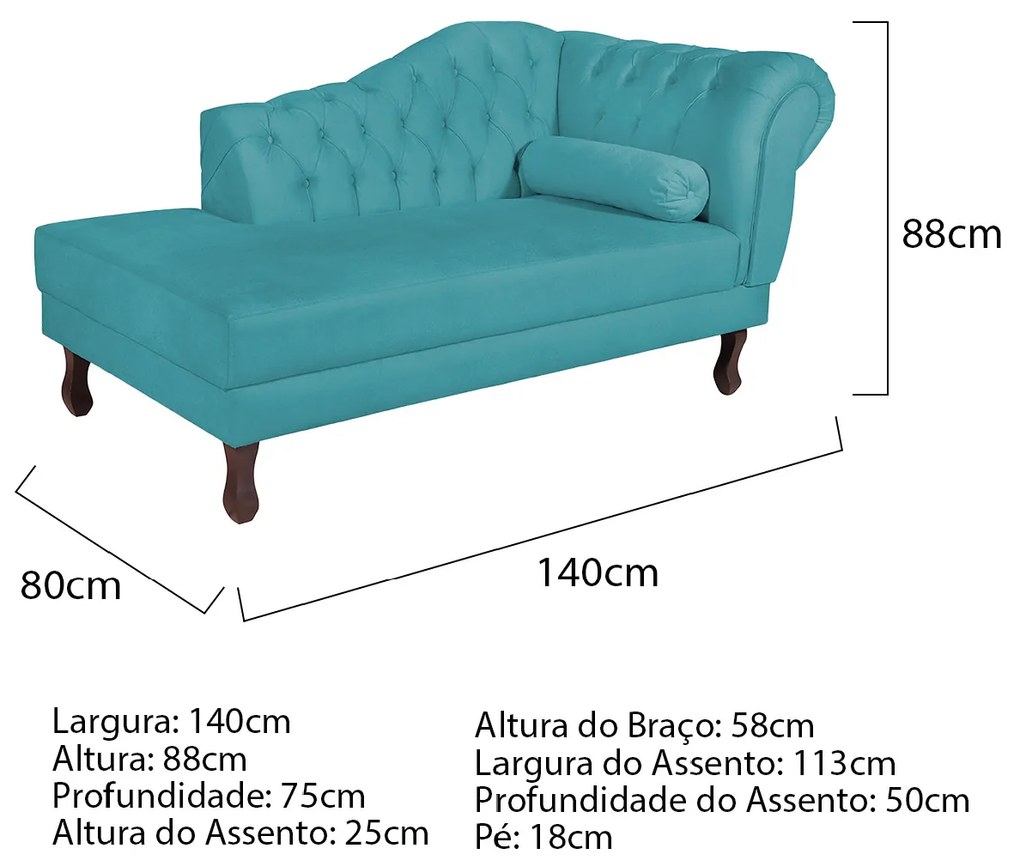 Recamier Diana 140cm Lado Esquerdo Suede Azul Turquesa - ADJ Decor