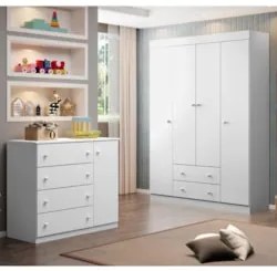 Jogo de Quarto Infantil Guarda Roupa e Cômoda Ellie Z39 Branco - Mpoze