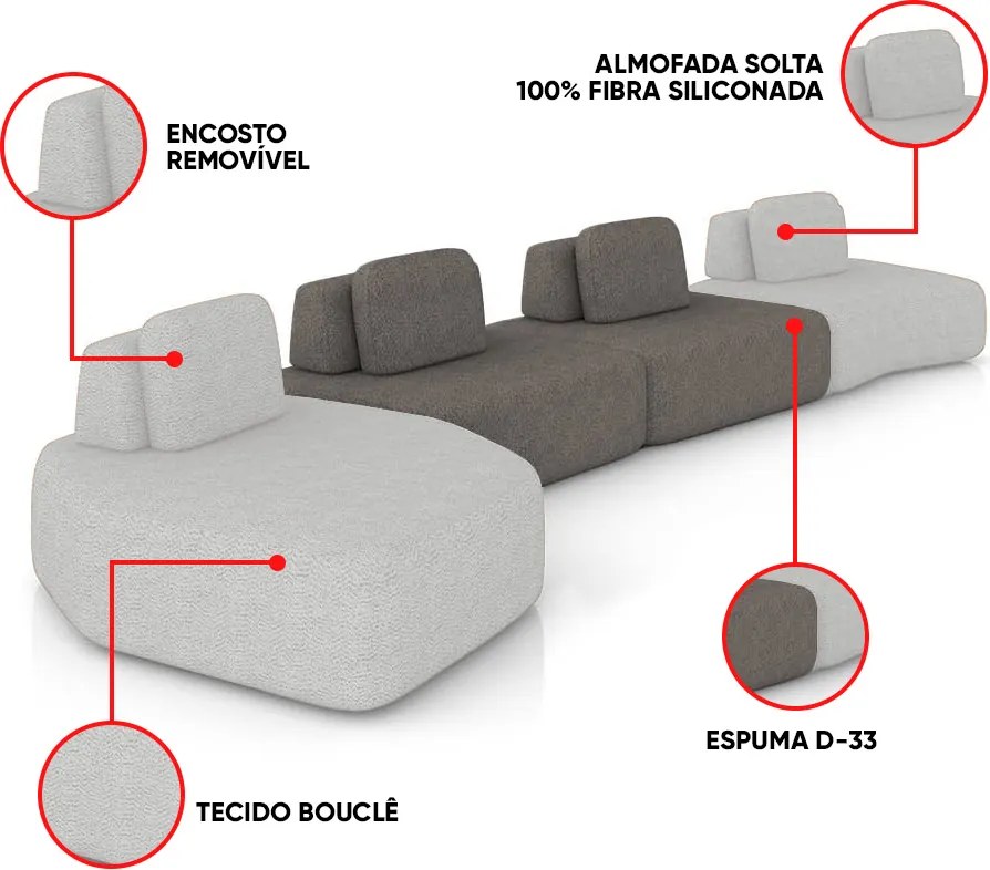 Sofá 4 Lugares Orgânico com Chaise e 3 Módulos Berlim Bouclê Cz K01 - D'Rossi - Cinza Claro/Grafite