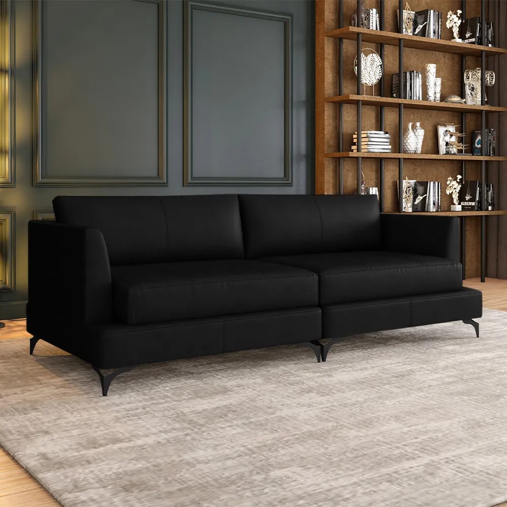 Sofá Living Bipartido 190cm Indonésia Pés de Ferro Couro Preto G52 - Gran Belo